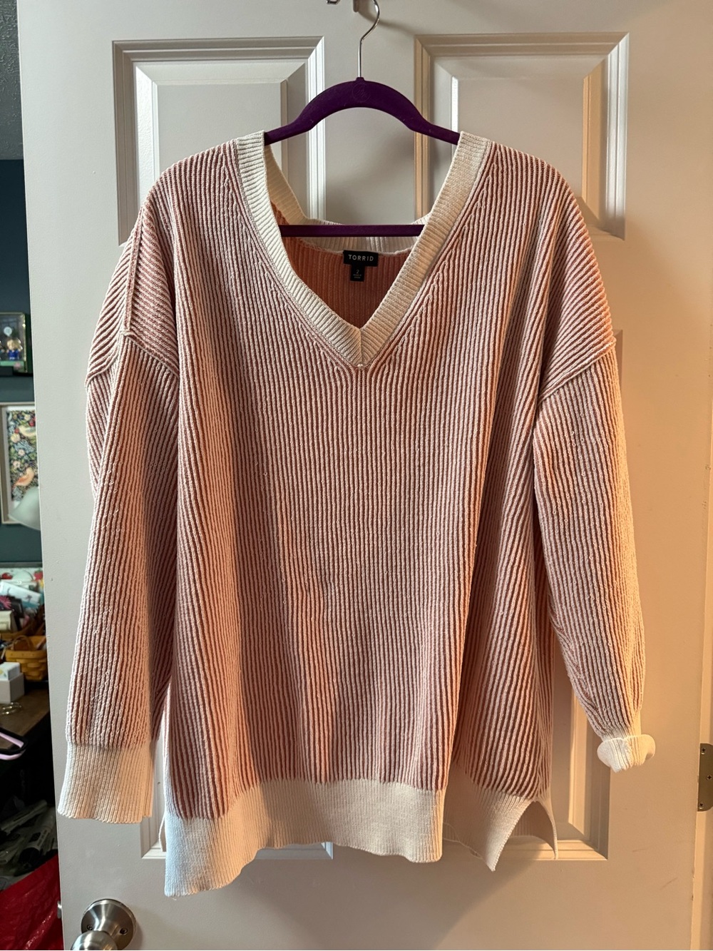 torrid Blush Pink V-Neck Ribbed Sweater with Cream Trim